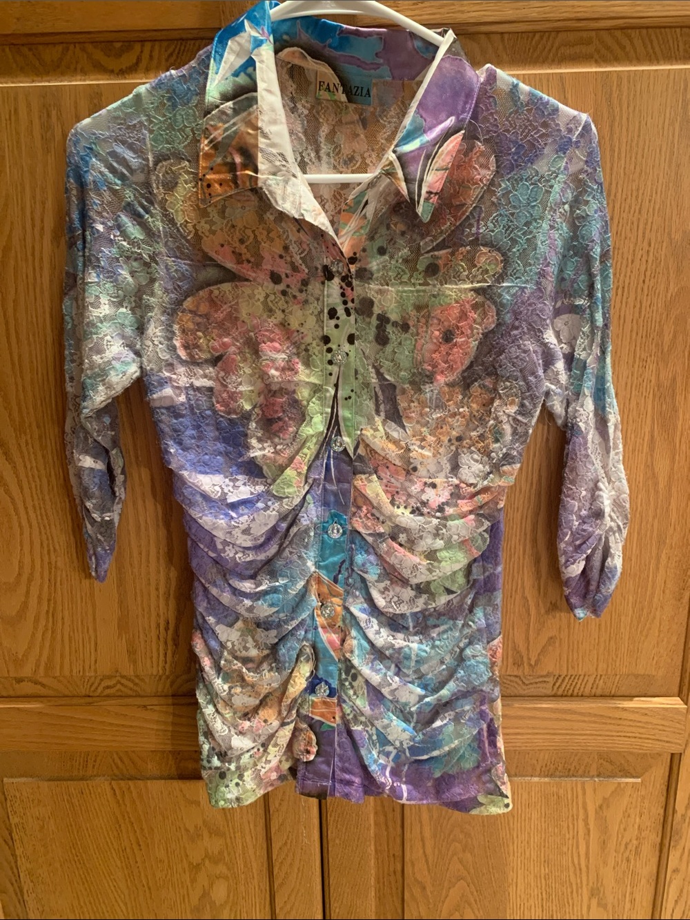 Floral Lace Ruched Button-Up Top in Pastel Multi with Stylish Rhinestone Buttons